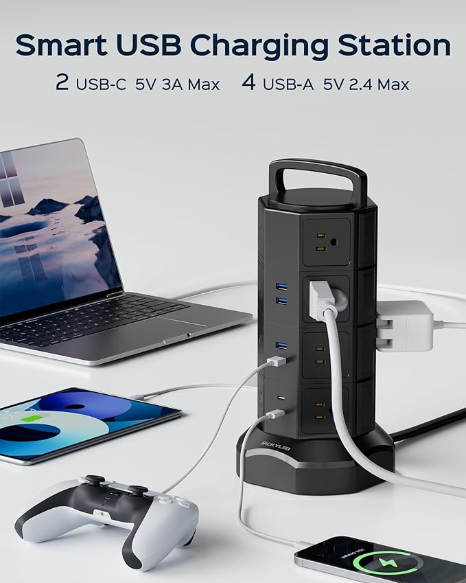 Power Strip Tower Surge Protector, JACKYLED 16 Outlets 6 USB Charging Station - Image 3