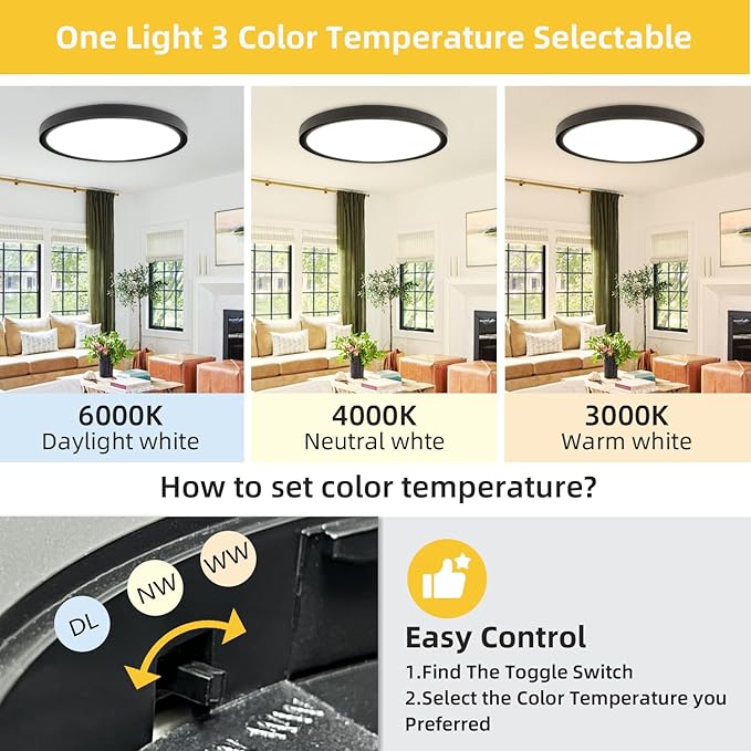 RLEDPZTX Led Flush Mount Ceiling Light, 16 Inch 32w 3480lm, 3000k/4000k/6000k - Image 3