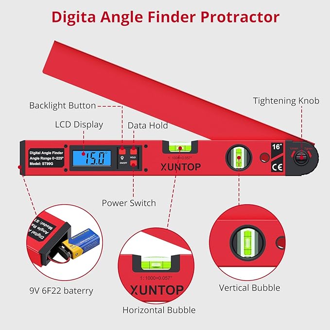 XUNTOP 0-225°/0.5° Digital Angle Finder 16” Aluminum Angle Measuring Tool - Image 4