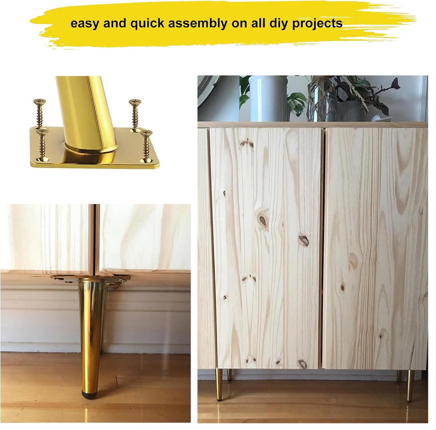 4pcs 9 7/8 inch (25cm) Black & Gold Metal Furniture with Level Feet | Straight Furniture Feet for TV Stand, Sofa, Dresser, Cabinet, Vanity