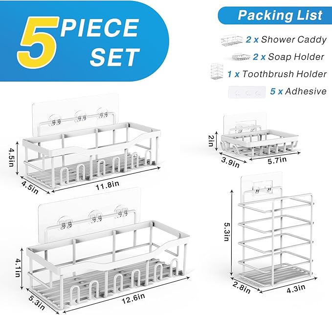 EUDELE 5-Pack Rustproof Stainless Steel Shower Caddy – No Drill Adhesive - Image 7