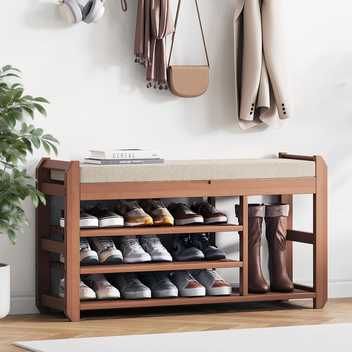 39.4" entryway shoe rack bench with cushion, 3-tier, main product view