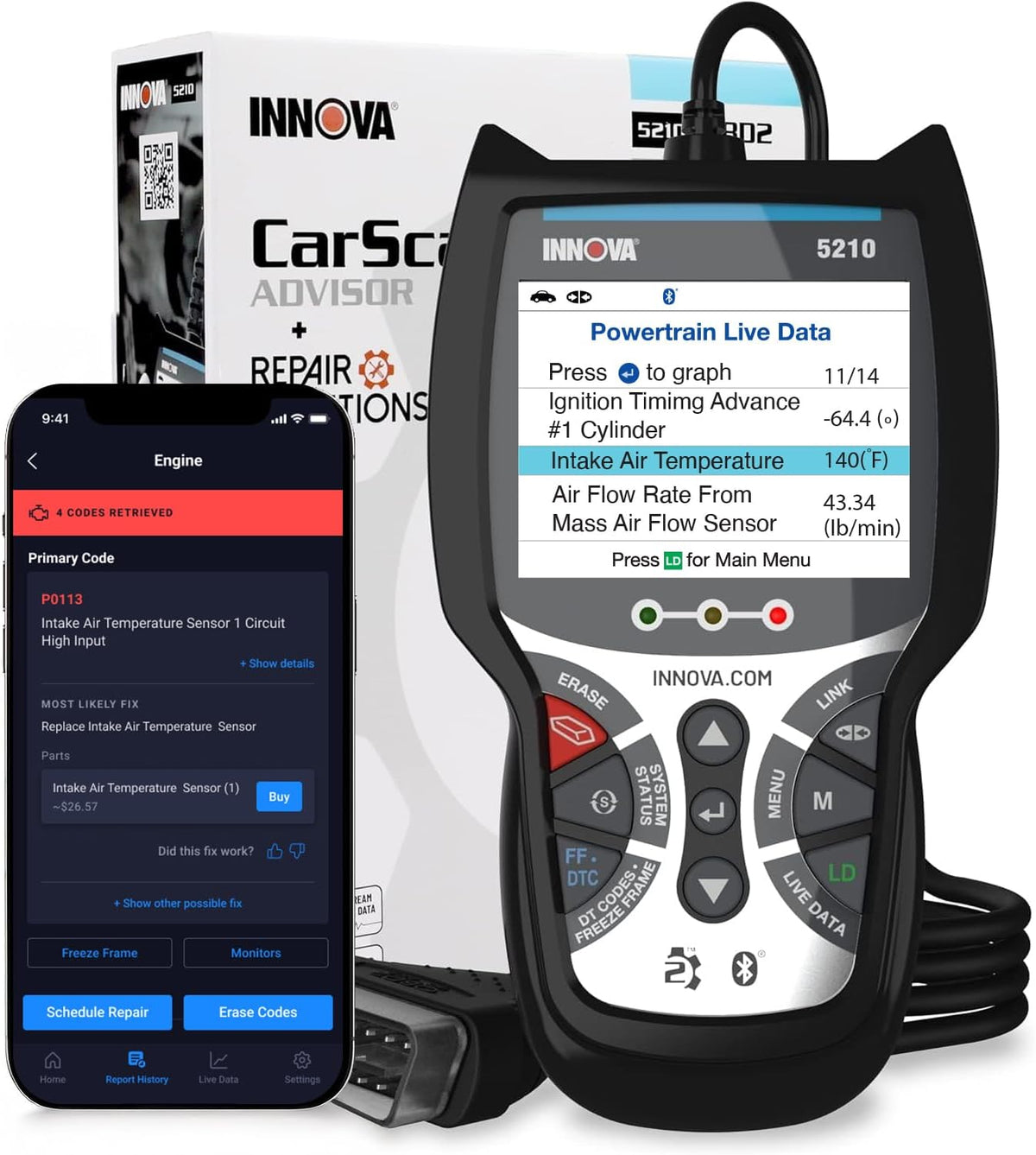 Innova 5210 OBD2 Scanner & Engine Code Reader, Battery Tester, Live Data