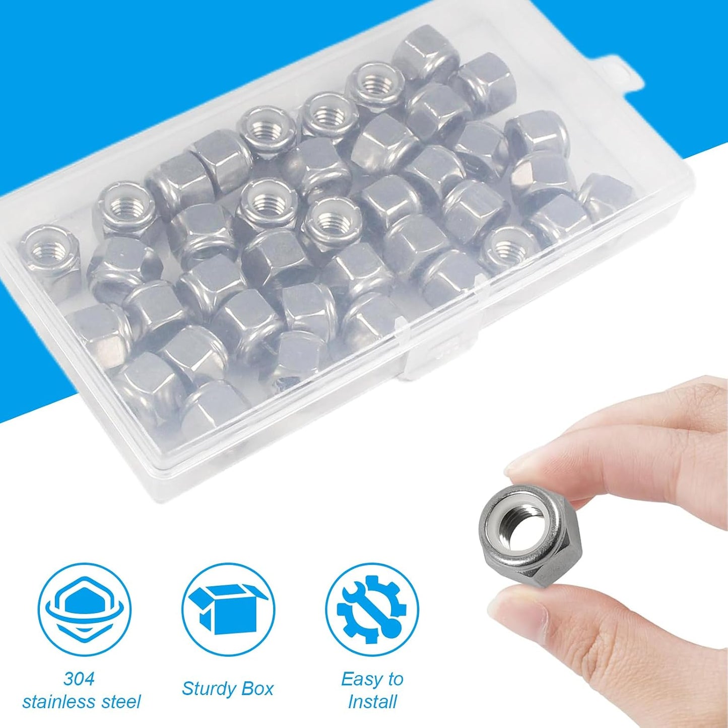 120PCS #8-32 Nylon Insert Hex Lock Nuts,304 Stainless Steel | Locknuts,Hex Drive,Coarse Thread,Self-Locking Nuts for Industrial Construction Fasteners