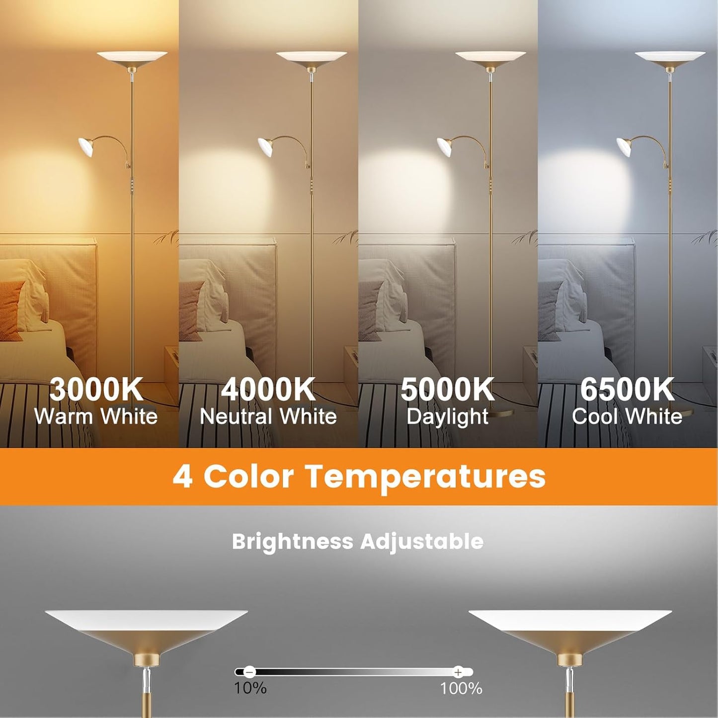Gold Torchiere Floor Lamp - 2 Way LED Standing Lamp with Reading Light, Dimmable 72'' Tall Lamp with Remote Color Changing, 34W Mordern Uplighter for Living Room Bedroom Office