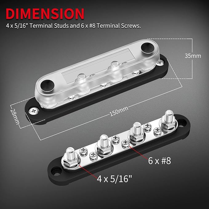 DAIERTEK Bus Bar Terminal Block 4 x 5/16" Terminal Stud, 6 x #8 Screw Terminal - Image 2
