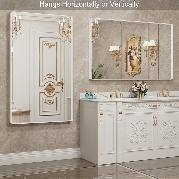 LOAAO 60x40 Inch White Metal Framed Bathroom Mirror - Image 3