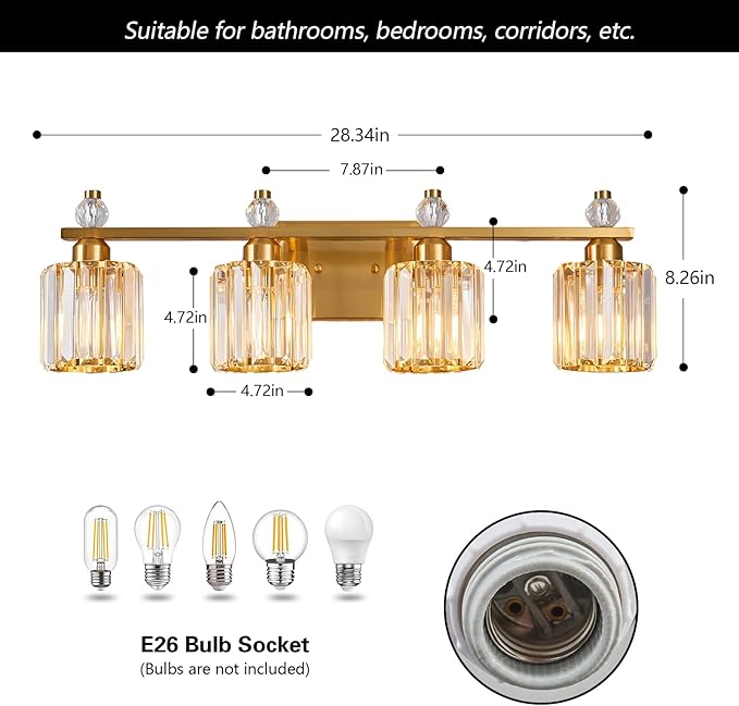 FDPBY Bathroom Vanity Lights 4-Light Gold Modern Crystal Vanity Light Fixtures - Image 5