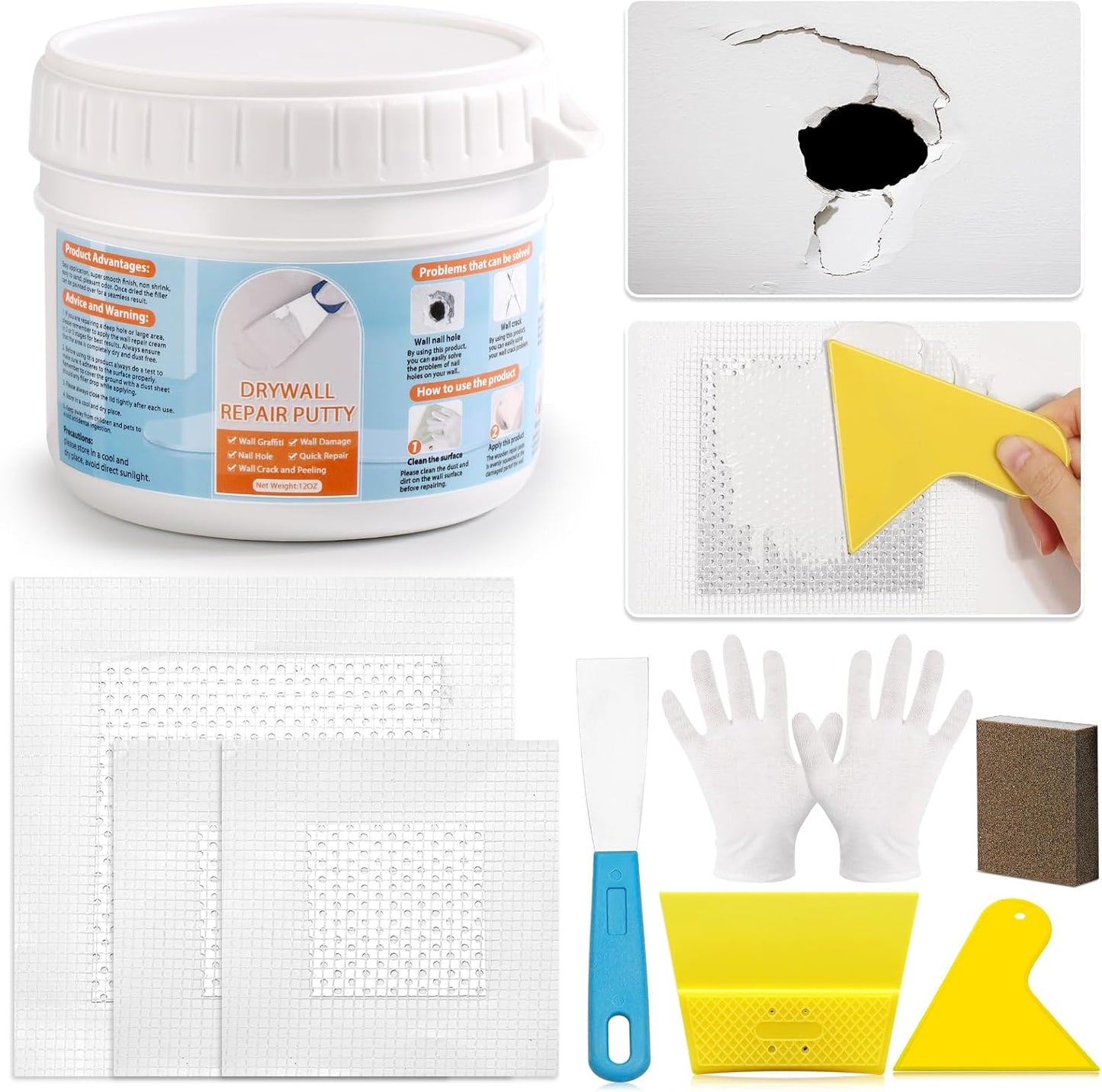 Drywall Repair Kit, Wall Surface Hole Patch Repair Kits with 12OZ White Putty Hole Filler, Fix Wall Surface and Creak Damage with Scraper, Sanding Pad Fill Quick and Easy Solution