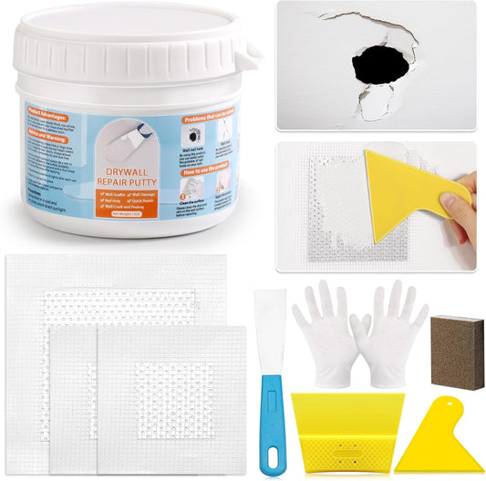 Drywall Repair Kit, Wall Surface Hole Patch Repair Kits with 12OZ White Putty Hole Filler, Fix Wall Surface and Creak Damage with Scraper, Sanding Pad Fill Quick and Easy Solution