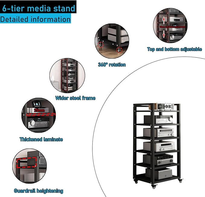 Dernoing 6 Tier Audio Rack Tower, CD Record Player Stereo Receiver AV Equipment - Image 3
