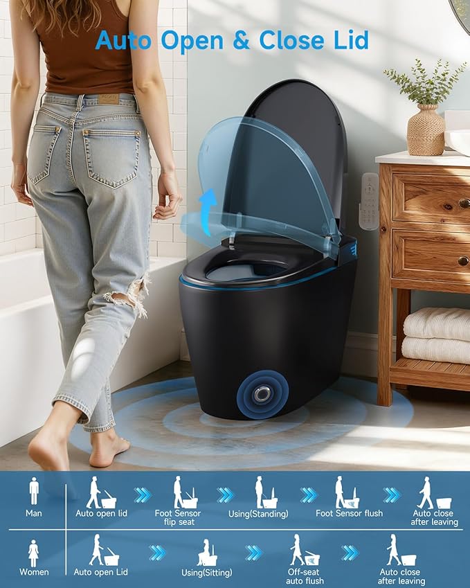 WANSID Black Smart Toilet with Bidet Built In, Auto Open/Close Lid, Heated Seat - Image 2