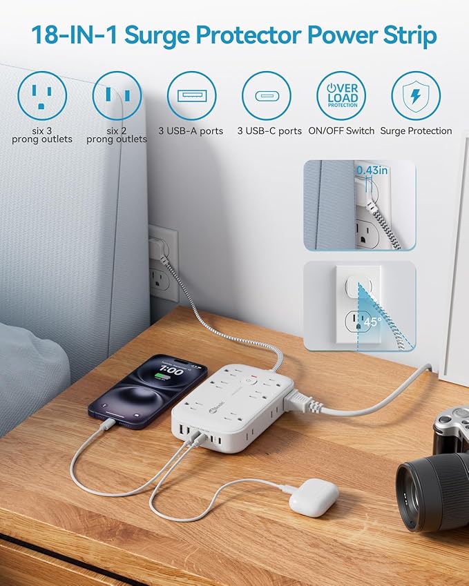 Flat Outlet Extender with 12 Inch Cord, Surge Protector Flat Plug Extension - Image 5