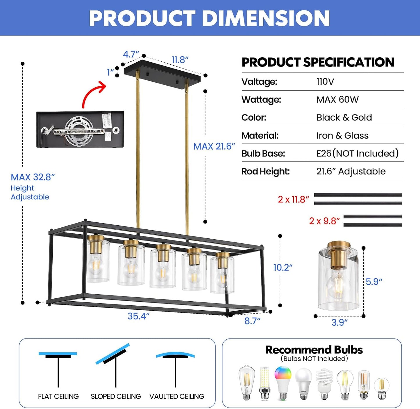 5-Light Dining Room Fixture Black and Gold Kitchen Island Lighting