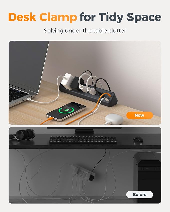 Desk Clamp Power Strip Black, TESSAN 6 Ft Flat Plug Extension Cord - Image 8