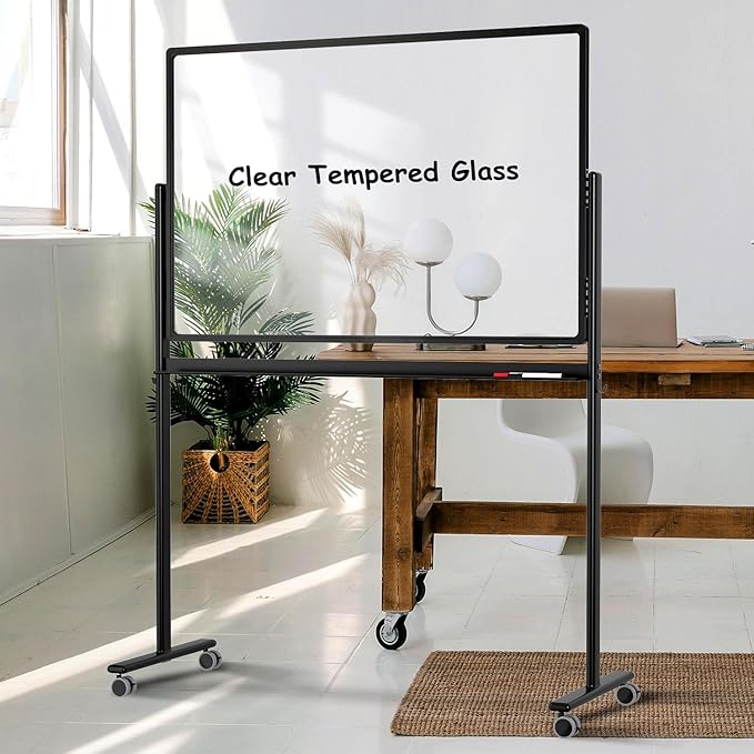 Mobile Clear Glass Whiteboard on Wheels by Tankee