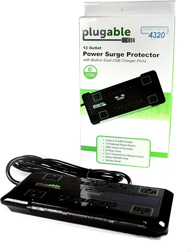 Plugable 12 Outlet Power Strip 4320 Joules Surge Protection, Built-in 10.5W - Image 5