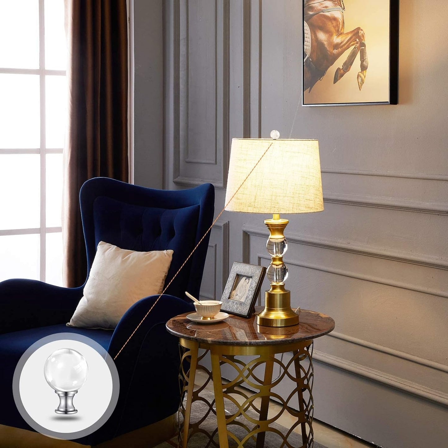 Lamp Finials, 1/4-27 Inch Threaded Base Lamp Finials, 2 Pack | Clear Glass Ball Decorative, Finials for Lamps with Chrome aluminum Base, Lamp Shade Screw Cap for Table & Floor Lamps