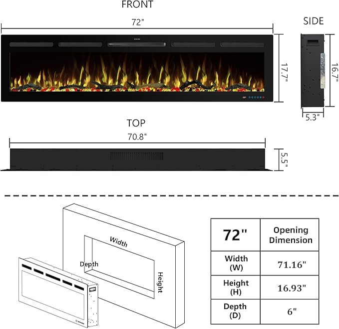 72" WiFi Electric Fireplace, Recessed and Wall Mounted Fireplace Heater - Image 4