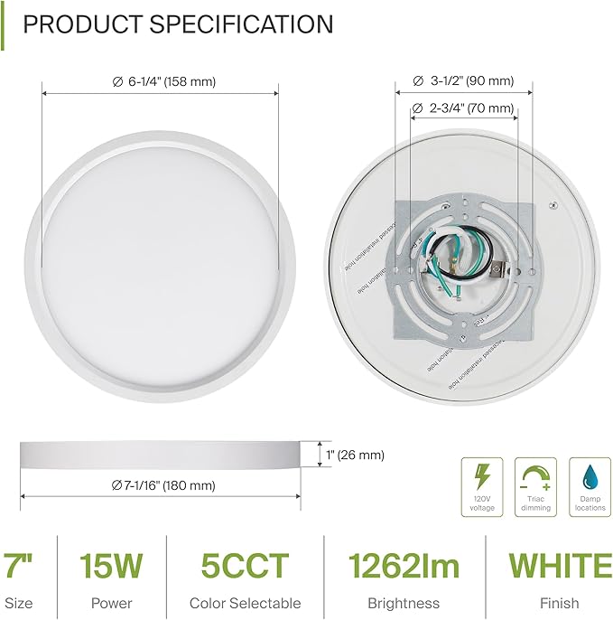 ASD LED 7" Round Flush Mount Ceiling Light Fixture, Low Profile Surface - Image 2