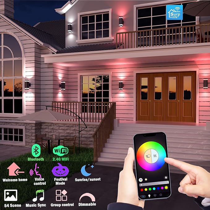 Smart WiFi Outdoor Wall Sconce Lights 2 Pack, Porch Lights RGB Color Changing - Image 4