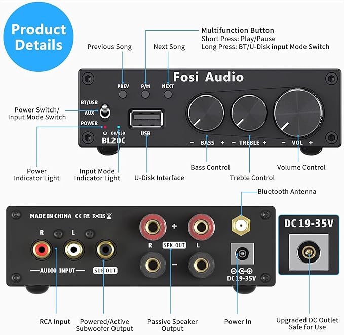 Fosi Audio BL20C Bluetooth 5.0 Stereo Audio Receiver Amplifier 320 Watts 2.1 CH - Image 2