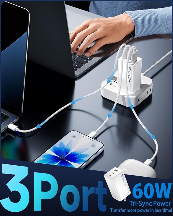 Bravego 65W Charger Block, 3-Port Fast Charging Adapter, GaN Tech, Compact Wall - Image 4