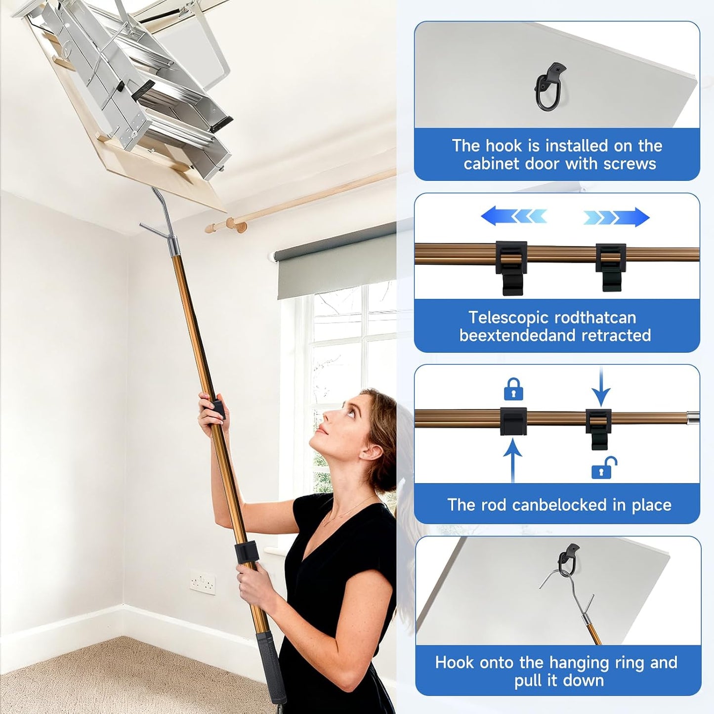 Attic Ladder Pull Down System- attic Pull Down Hook 20-40 InchesTelescoping Extension Rod with D-Ring & Mounting Screws - Replacement for Attic Pull Down Cord