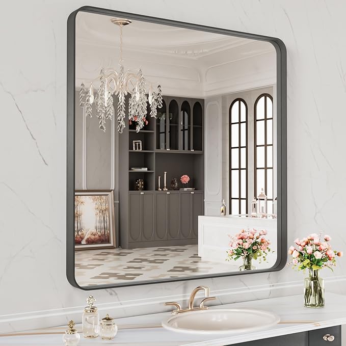 LOAAO 32X32 Inch Black Metal Framed Bathroom Mirror by LOAAO