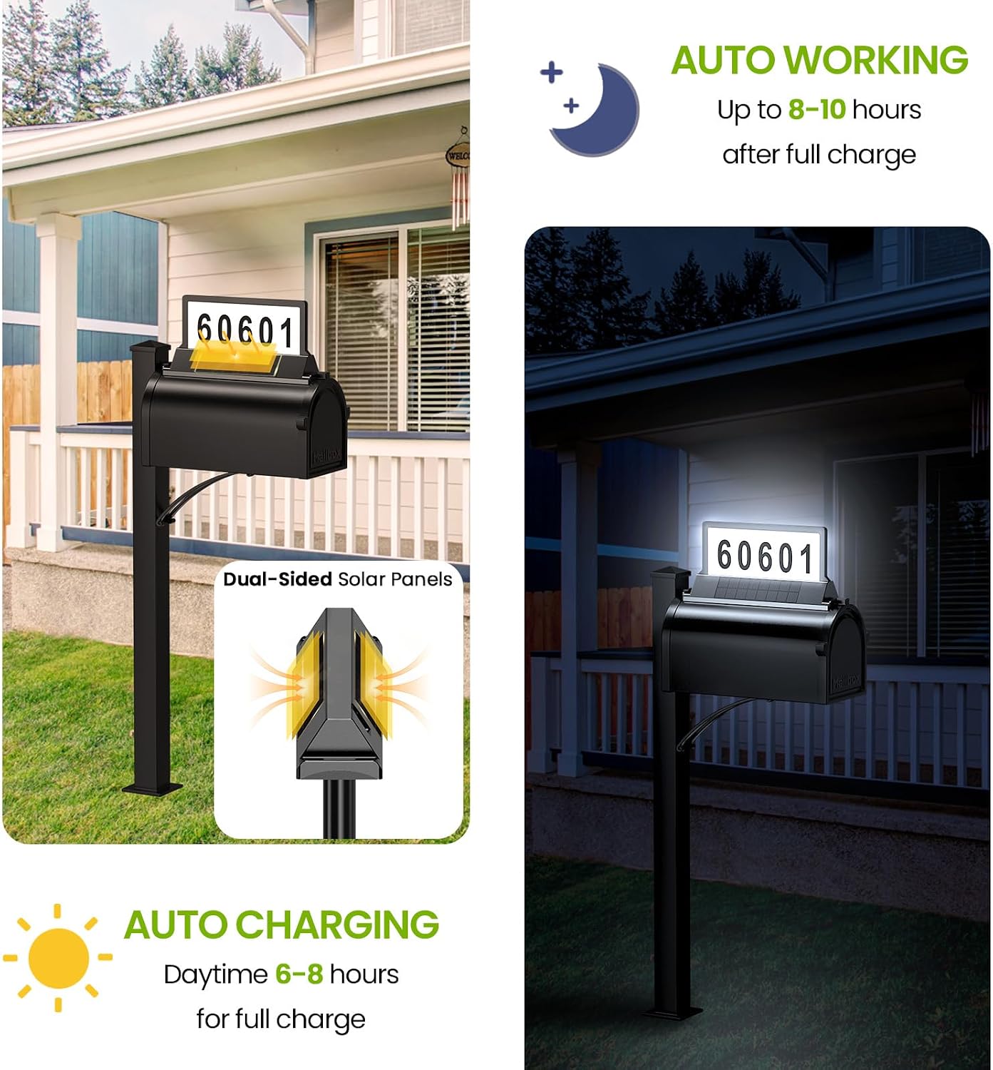 Solar Address Sign for Mailbox– Double-Sided Illuminated Mailbox Numbers | Magnetic Mount, No-Drill, 3-Color Light Modes, IP65 Waterproof Solar-Powered Plaque, Outdoor House Mailbox Topper