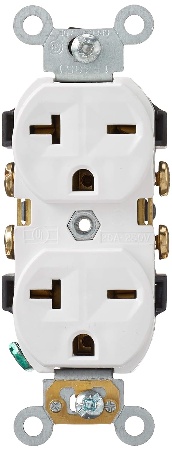 Leviton 5822-W Straight Blade Single Receptacle, 250 Vac, 20 A, 2 Pole, 3 Wire, White