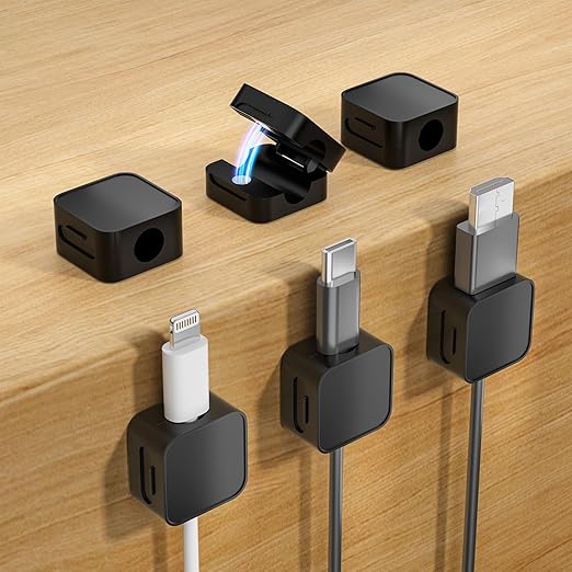 6 Black Magnetic Cable Clips, Under Desk Cable Management, Cord Holder by Unknown