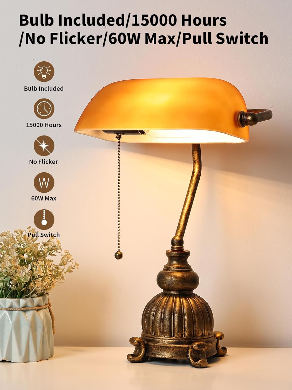 Retro Amber Glass Bankers Desk Lamp,LED Bulb Included | Pull Chain Switch for Home Office Library Plug in Fixture