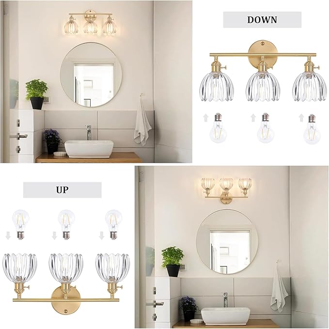 Shenmoyl Bathroom Light Fixtures, 3-Light Brass Vanity Wall Light Over Mirror - Image 6