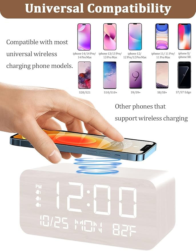 JALL Digital Alarm Clock, with Wooden Electronic LED Time Display, 3 Alarm - Image 3