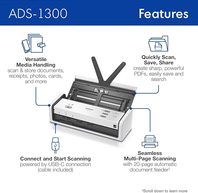 Brother ADS-1300 Compact Desktop Scanner | Scan Speeds of Up to 30ppm | Single - Image 3