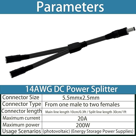 1.3FT 5.5mmx2.5mm 14AWG 12V/24V DC Power Splitter 1Male to 2Female High Power - Image 4