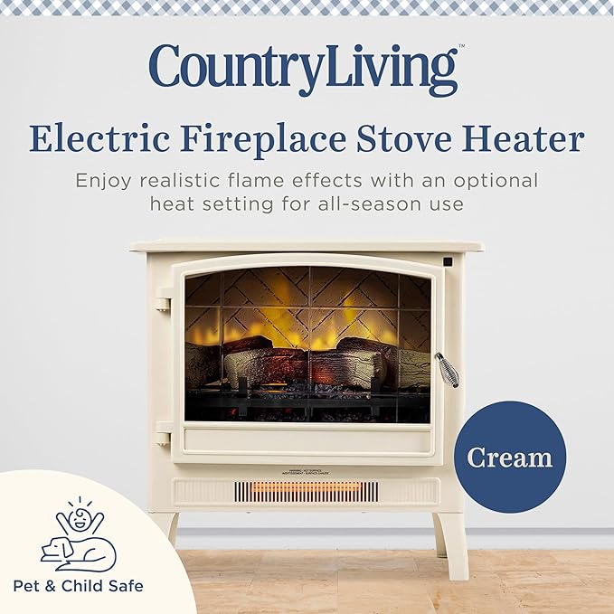 Country Living Infrared Freestanding Electric Fireplace Stove Heater in Cream | - Image 2