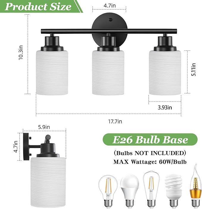 Guliaofo 3-Light Bathroom Light Fixtures, E26 Base Modern Kitchen Light - Image 3