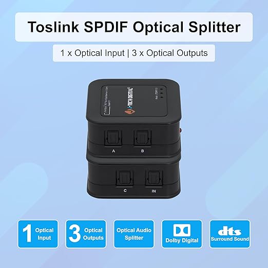 J-Tech Digital 1x3 Optical Audio Splitter, 1 in 3 Out Toslink SPDIF Digital - Image 2