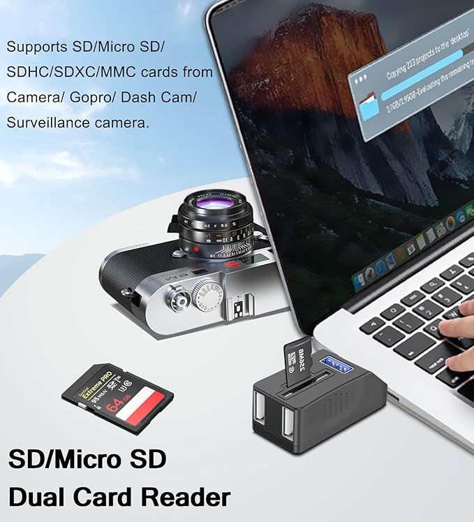 VIENON 5-Port USB 3.0 Hub with SD TF Card Reader, USB Extender Adapter with - Image 3