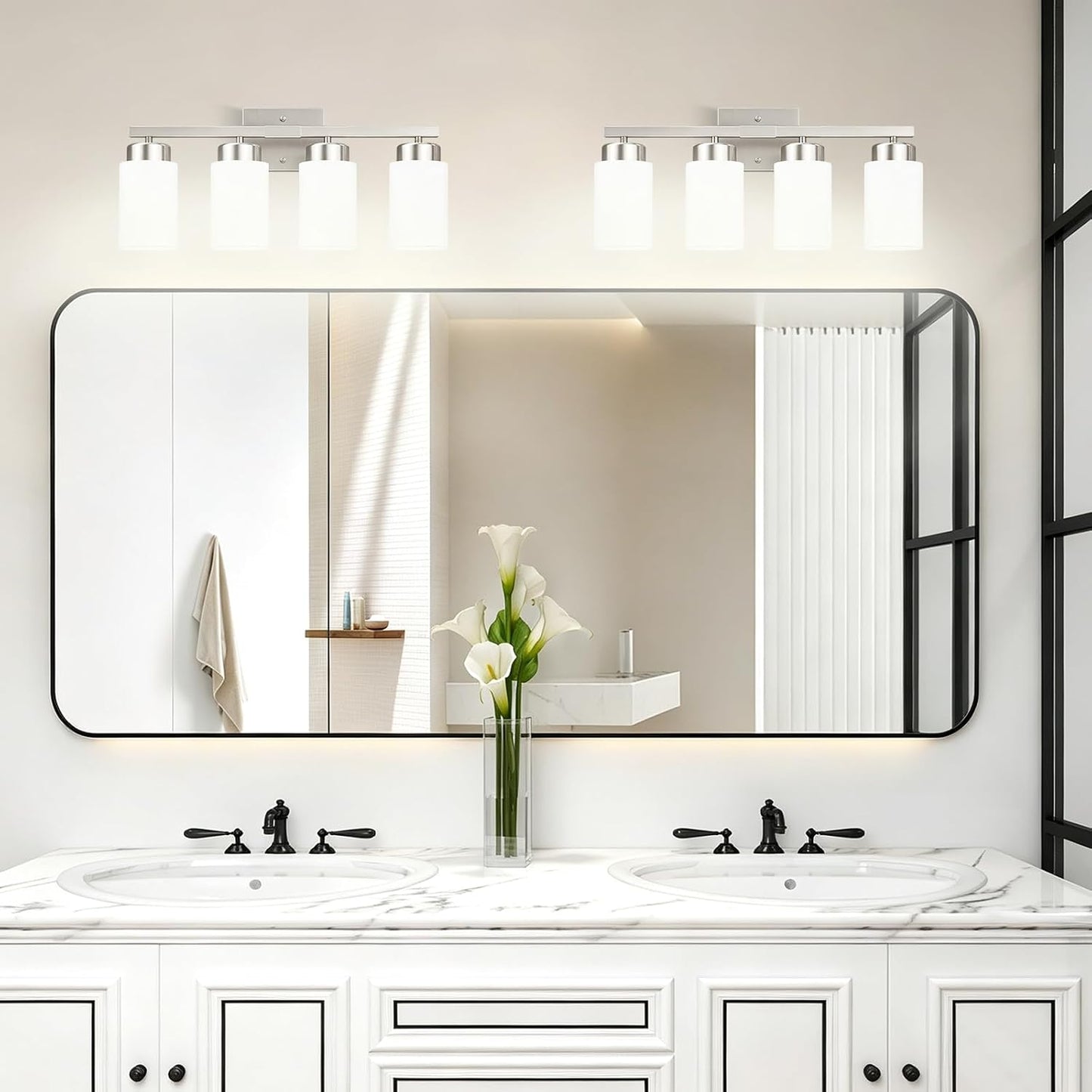 IZORRO Modern Bathroom Light Fixtures, 4 Light Brushed Nickel Vanity Lights, Bathroom Lighting Fixtures Over Mirror with White Glass for Living Room Cabinet Bedroom