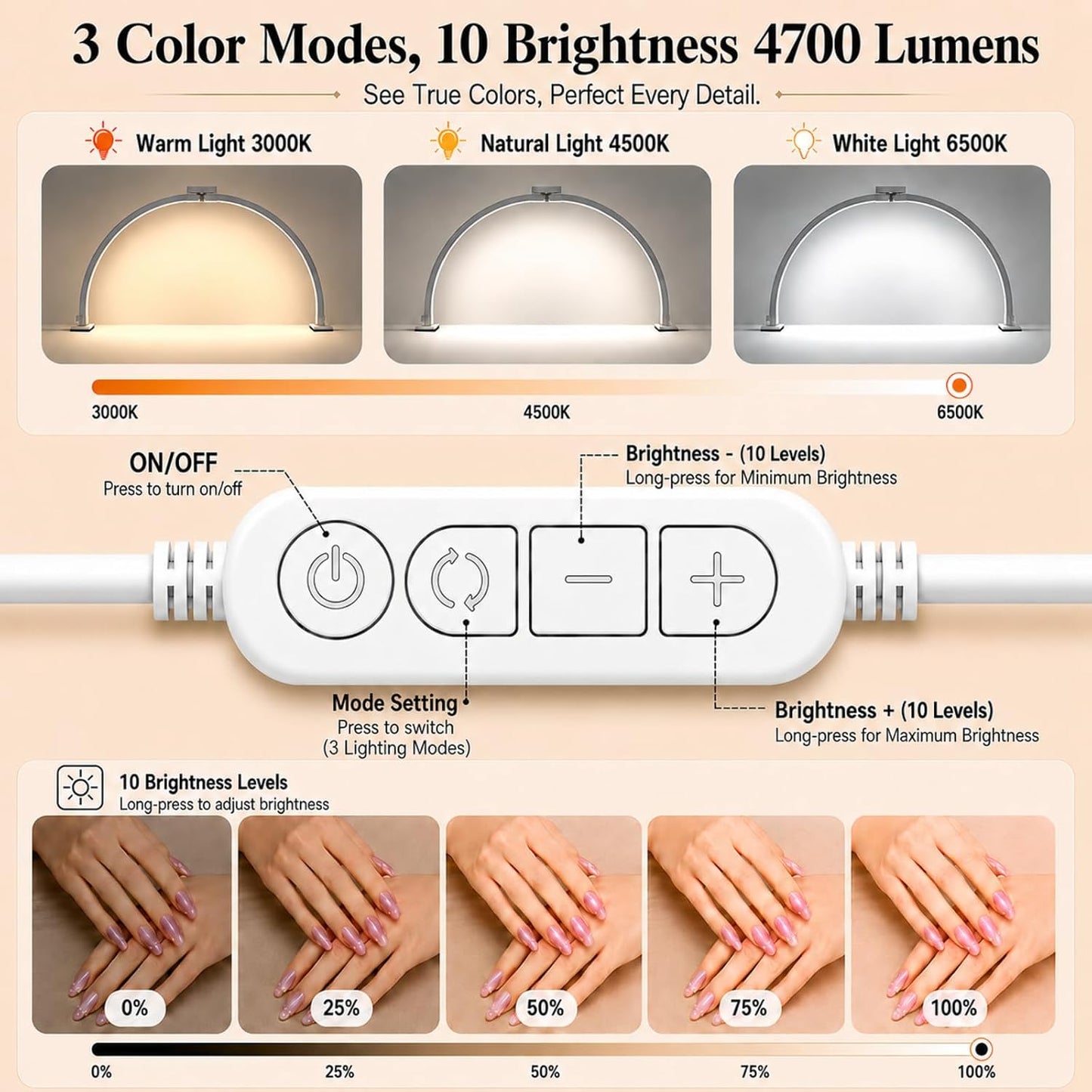 Half Moon Light for Nail Desk: 180° No-Shadow Manicure Table Lighting | 29'' with 3 Color Modes 10 Brightness Levels Keeps Nail Salon Work Area Lit for Manicurists - Phone Holder (Diamond)