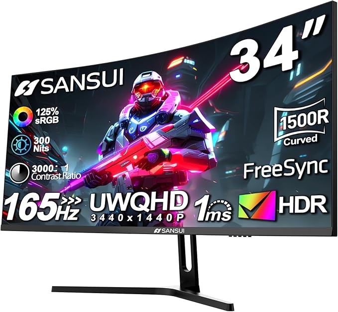 SANSUI 34-Inch Curved Gaming Monitor UWQHD 3440 x 1440 Up to 165Hz Curved 1500R by SANSUI