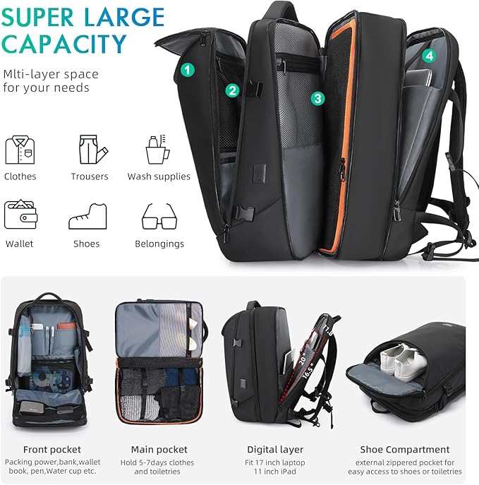 50L Carry on Travel Backpack, Expandable Airline Approved Backpacks - Image 2