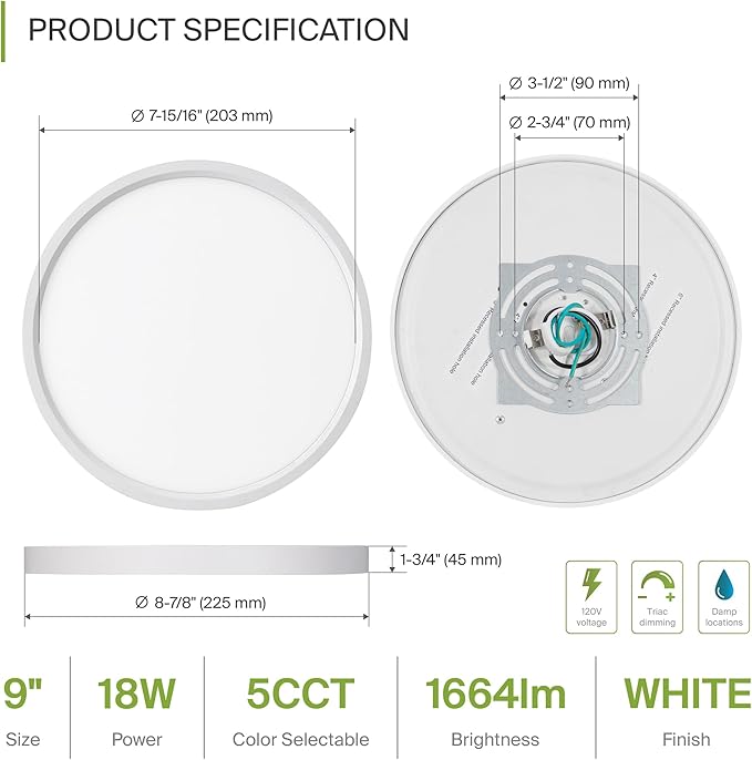 ASD LED 9" Round Flush Mount Ceiling Light Fixture, Low Profile Surface - Image 2