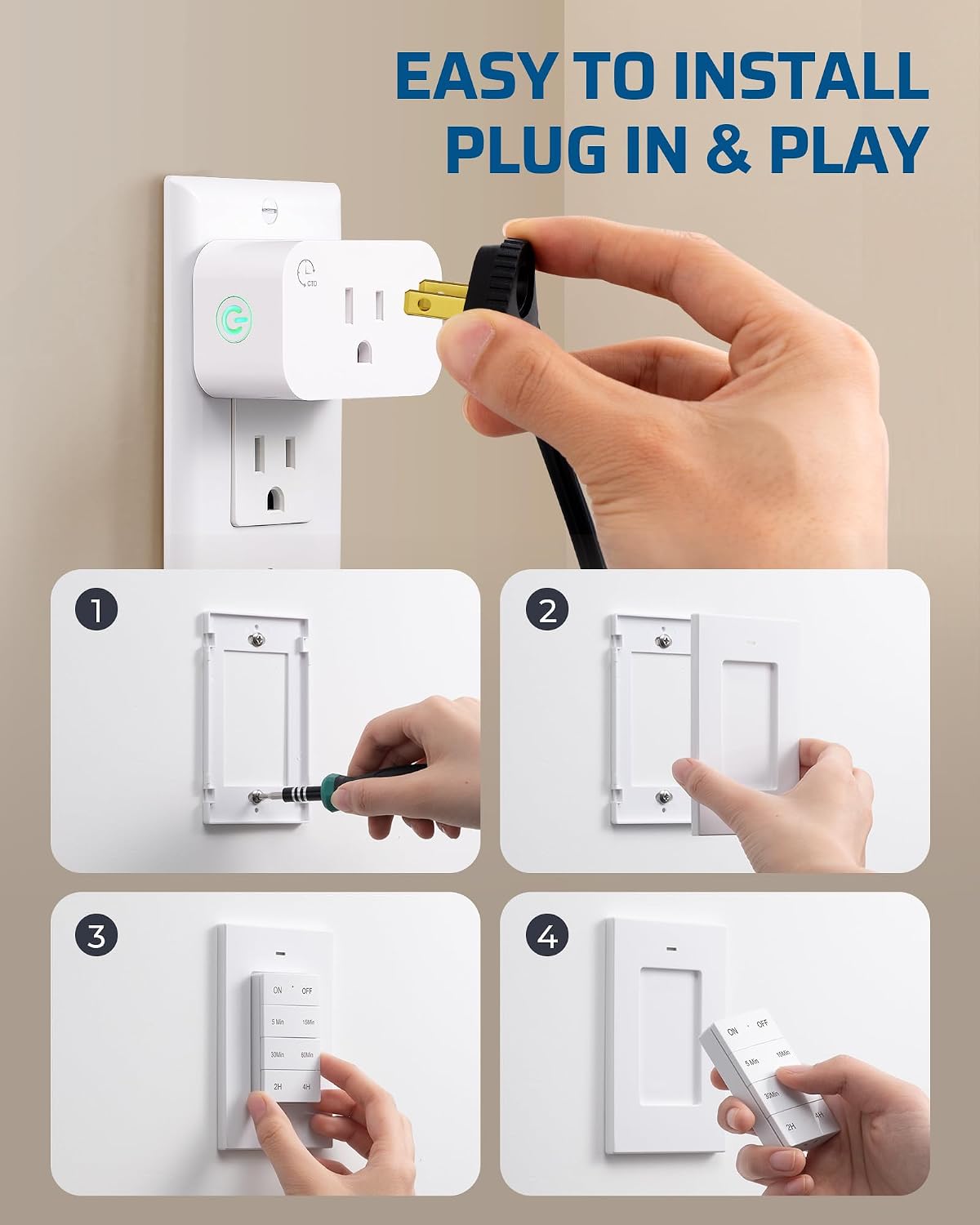 DEWENWILS Indoor Outlet Timer with Remote, 5/15/30/60Min & 2/4Hrs Countdown | 1 Remote & 1 Outlet, 100FT Remote Control Outlet, 15A/1875W Light Timer for Lamps, Fans, Household Appliances, Decorations