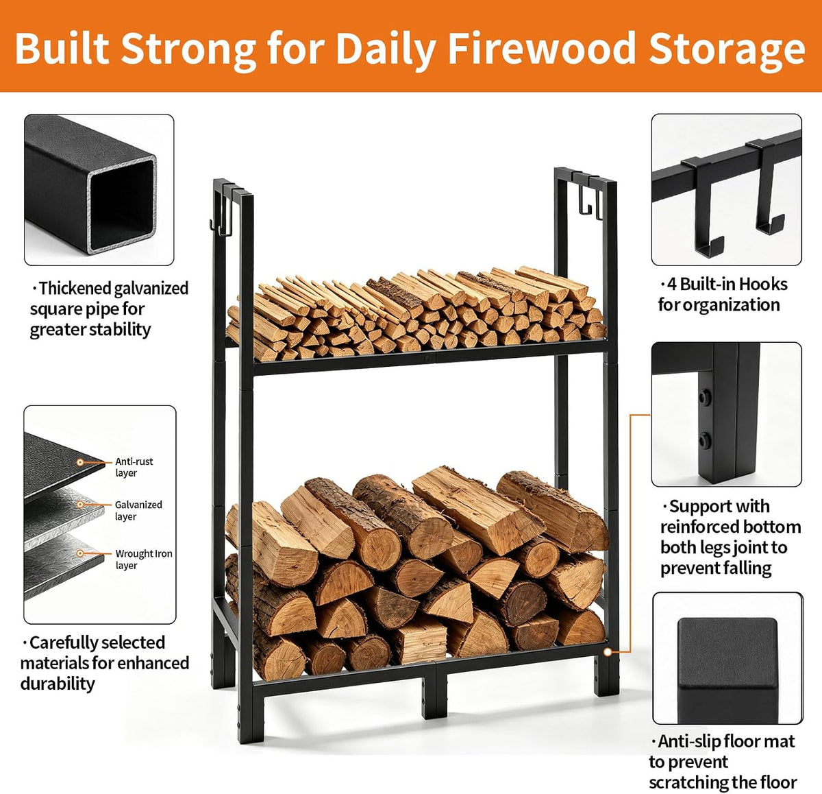 firewood rack indoor outdoor with log carrier, 2-tier showing dimensions