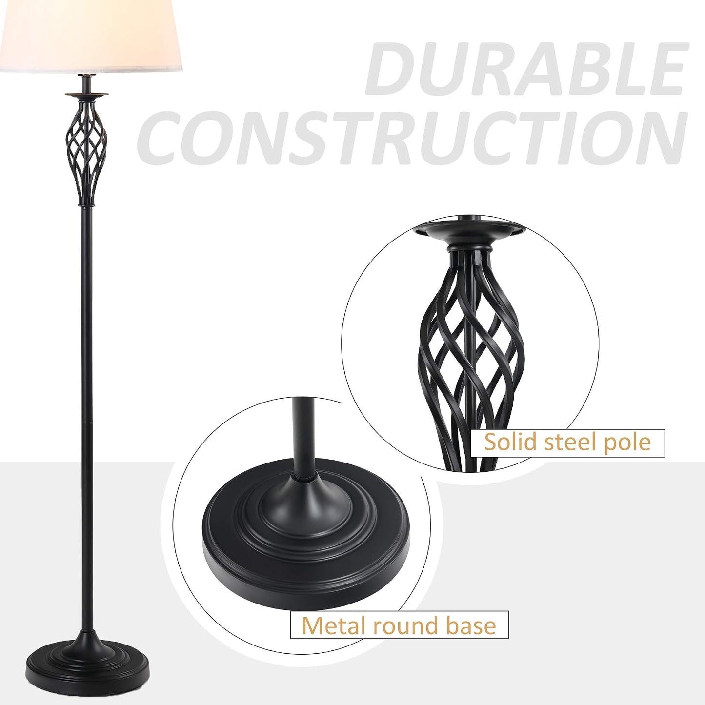 HOMCOM 3 Piece Table Floor Lamp Set with Metal Pole Round Base Black/White | Fabric Lampshade, for Living Room