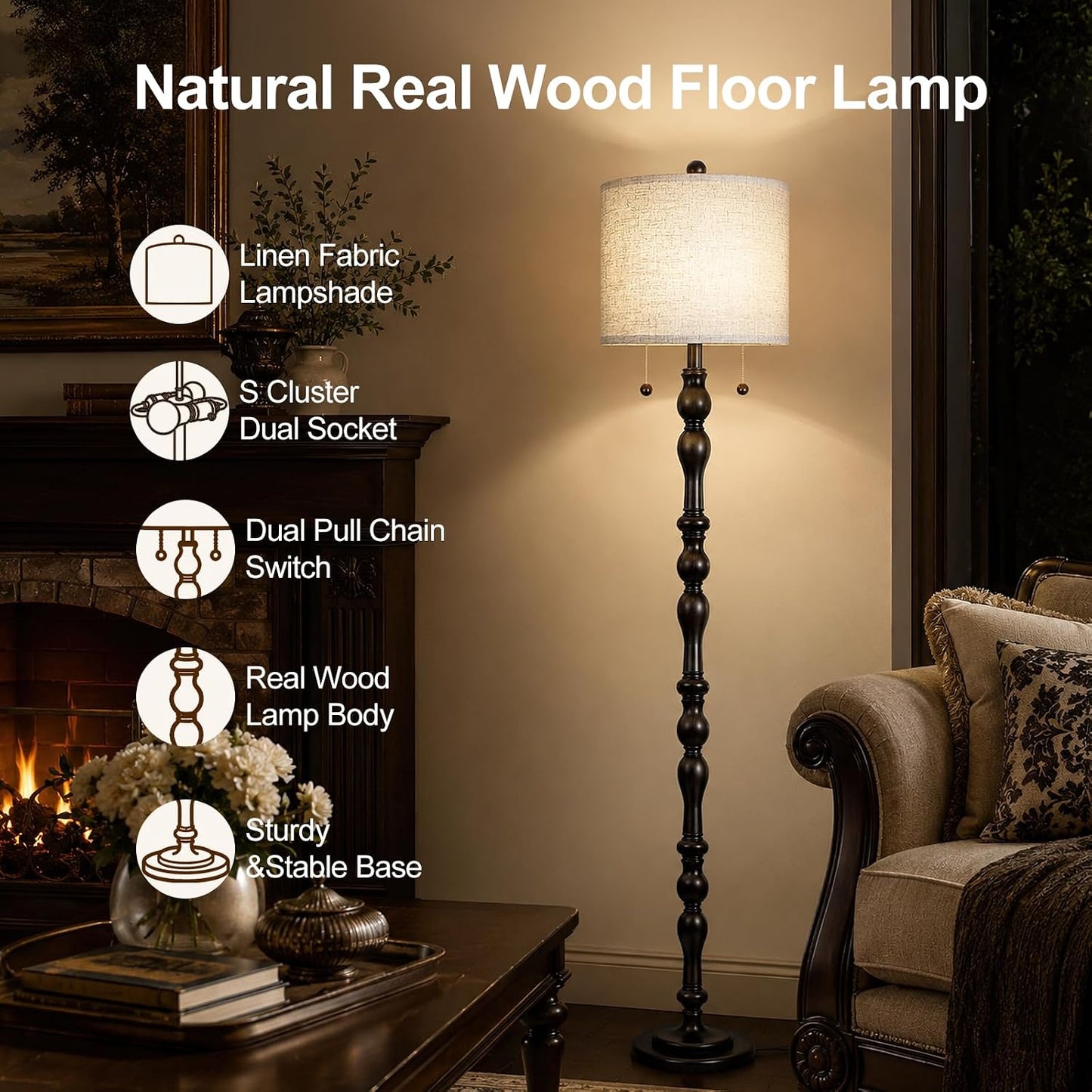 Scenekoy 65.5" Retro Farmhouse Real Wood Floor Lamp for Living Room Office | Dual Pull Chains Switch, Linen Shade, LED Bulb Included, Solid Wood Base, Dark Gray Rustic Standing Lamp, Bedroom Tall Lamp